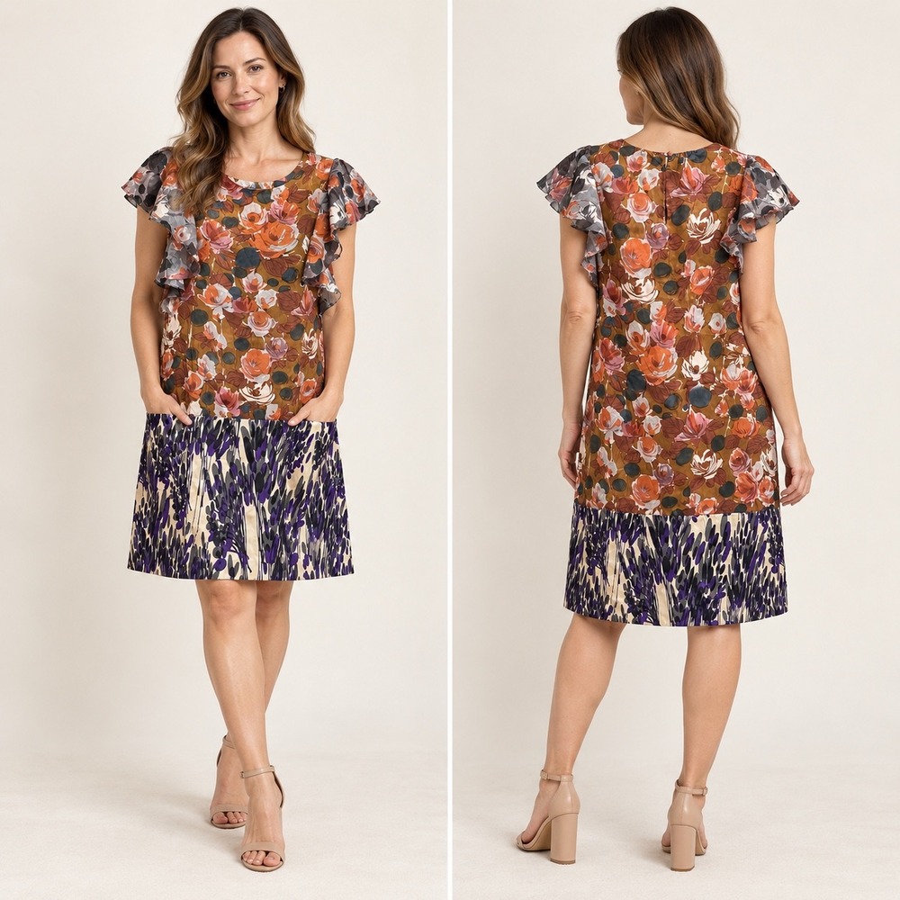 Hanii Y Silk Floral Dress Womens 40 Brown Orange Ruffle Mixed Media Shift Pocket